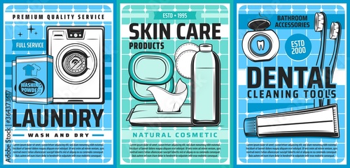 Laundry and hygiene, health and skincare washing, vector posters. Laundry service washing machine detergent, skincare toiletries cosmetics, face cleanser, wet wipe towels, toothpaste and toothbrush