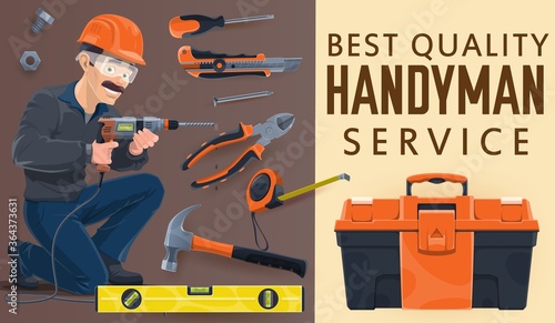 Handyman or repairman, home repair service worker with toolbox, construction works, vector. Carpenter man and construction work tools, remodeling and renovation tools, electric drill, hammer and ruler