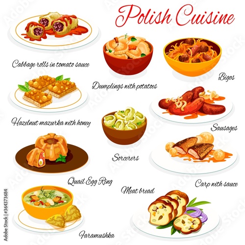 Polish cuisine food dishes menu, Poland traditional meat and fish vector meals. Polish pierogi potato dumplings, cabbage rolls in tomato sauce, carp fish and bigos meat, sausages and hazelnut pastry