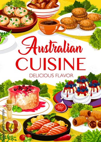 Australian cuisine dishes menu cover. Vector barbecue chicken wings, fish and drinks. Australian Pavlova pie, rice pudding, veal meat, lamb in paff and crumpled rosemary potatoes, Anzac cookies