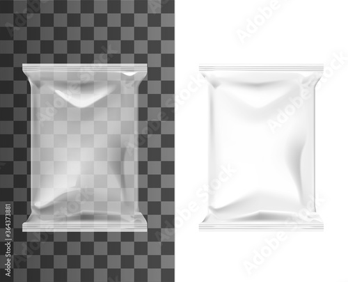 Pouch bag, sachet pack of white plastic foil, blank food product package, vector 3D mockup template. Realistic transparent pouch bag, sachet pack or doypack for snacks or dry food wrap package photo