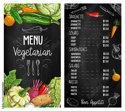 Vegetable salads chalkboard sketch menu, vegetarian food restaurant, vector. Organic vegan cafe menu chalk sketch on blackboard, healthy vegetarian salads, pasta spaghetti, soups and sandwiches meals