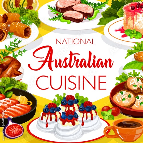 Australian cuisine food menu chicken and fish dish, Australia traditional meals, vector. Australian chicken, fish and drinks buffet of Pavlova pastry, veal meat and crumpled rosemary potatoes