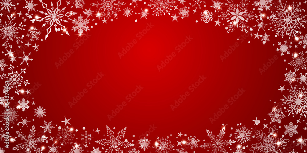 Christmas background with various complex big and small snowflakes, white on red, arranged in a ellipse