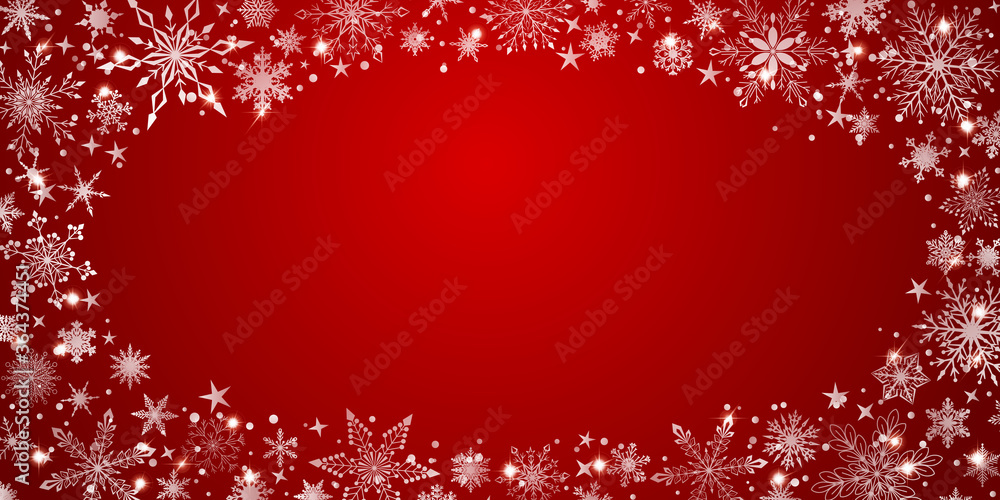 Christmas background with various complex big and small snowflakes, white on red, arranged in a ellipse Christmas background with various complex big and small snowflakes, white on red, arranged in a ellipse