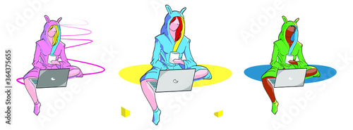set of vector illustrations of young women working at home