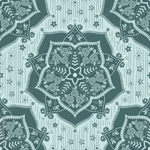 Penta ethnic mandala starred with flowers, leaves, various textures, dots, strokes, lines and geometric shapes. Only two colors are used: a delicate pale shade of blue paired with a shade of green.