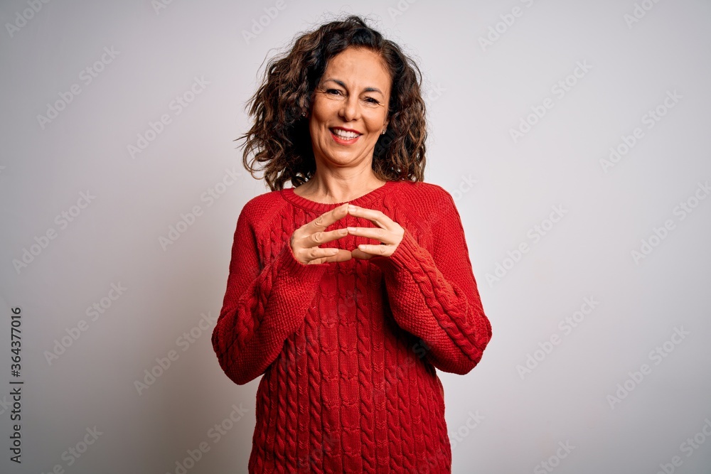 Middle age brunette woman wearing casual sweater standing over isolated white background Hands together and fingers crossed smiling relaxed and cheerful. Success and optimistic Middle age brunette woman wearing casual sweater standing over isolated white background Hands together and fingers crossed smiling relaxed and cheerful. Success and optimistic