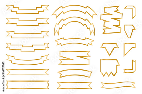 Shiny foil gold labels and ribbon frame set. Metallic background banner. Congratulation gradient retro flag, tape for text, sale label. Blank template different shape Isolated vector illustration