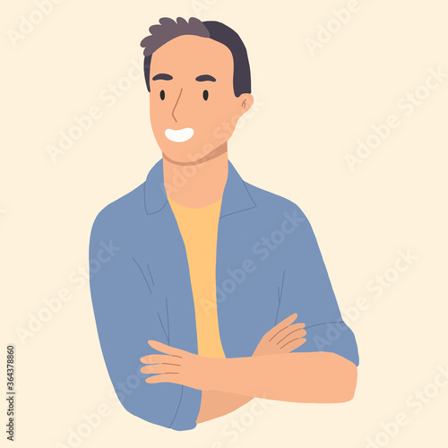 Confident yong man crossed his arms. Vector hand drawn illustation. Cartoon style. Flat design.