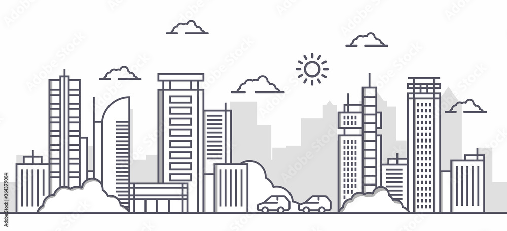 Vector Illustration : Thin line City landscape with tree and car