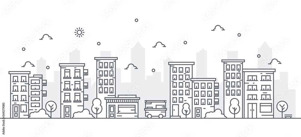 Fototapeta premium Illustration of buildings in line style with various shapes of buildings. Beautiful urban views with trees.