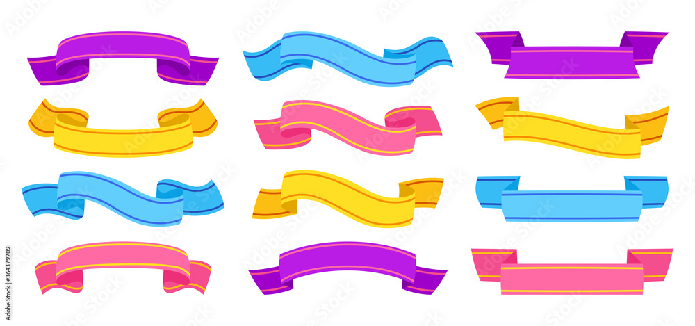 Ribbon hand drawn colorful set. Tape blank flat collection, decorative icons. Vintage ribbons sign cartoon style. Blue, pink and purple. Web icon kit of text banner tapes. Isolated vector illustration