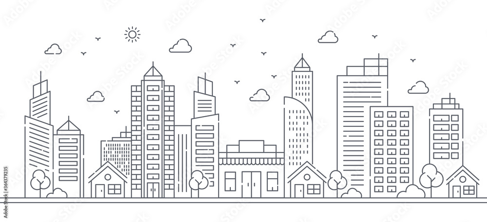 Illustration of buildings in line style with various shapes of buildings. Beautiful urban views with trees.