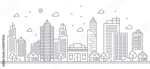 Illustration of buildings in line style with various shapes of buildings. Beautiful urban views with trees.