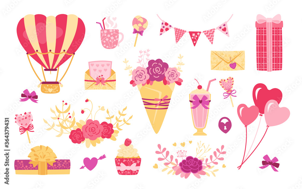 Valentine day or wedding flat cartoon set. Cute heart, gift bouquet and boxes. Lollipop drink, sweets balls design elements for holiday. Purple, objects collection. Isolated vector illustration