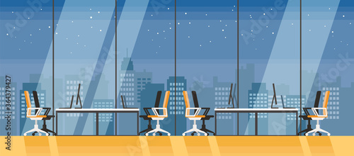 Background of modern office and skyscrapers at night. Big windows look out to see city view. Modern flat colorful vector illustration.