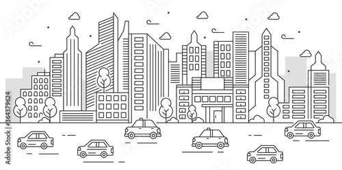 Urban illustration with a large building equipped with cars and trees. City activities
