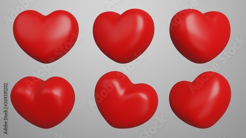 Red hearts different 6 rotation. Symbol of Love and Valentine's Day. Isolated on gray Background. 3d render