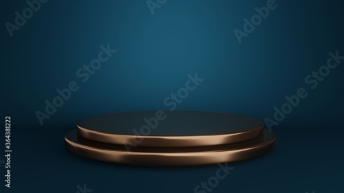 Gold round podiums illuminated by spotlights on blue background. Stage with scenic lights. 3d render