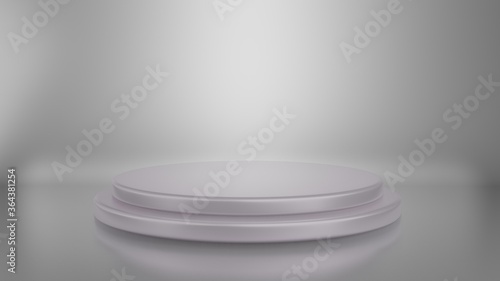 Round white stage podium illuminated with light on gray background. 3d render