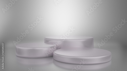 Round white stage podium illuminated with light on gray background. 3d render