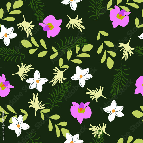 Seamless Vector Floral Design. Illustration Tropical Flower Pattern Pink Flower with dark green background. For Fabrics  Textiles  Wallpapers  Gift-Wrapping  Dresses  Backgrounds  Texture