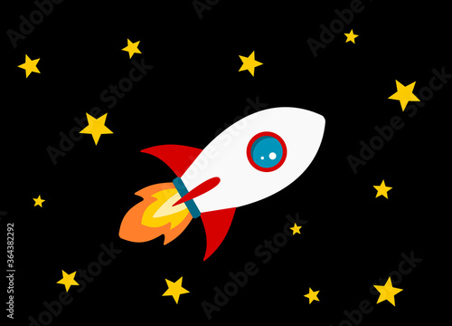 Vector illustration of a flying rocket in space among the stars. Starting a new project.