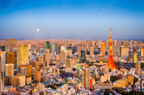 Japanese Destinations. Amazing Picturesque Tokyo Skyline at Blue Hour in Japan with Tokyo Tower in Foreground.
