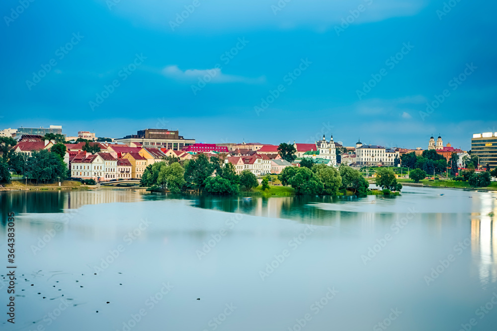 Belarus Travel Destinations.  View of Troicky Suburb With Svisloch River in Minsk Before Sunset