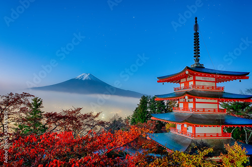 Asian Travel Destinations. Amazing Fuji Mountain With Chureito Pagoda During Fall Season in Fujiyoshida