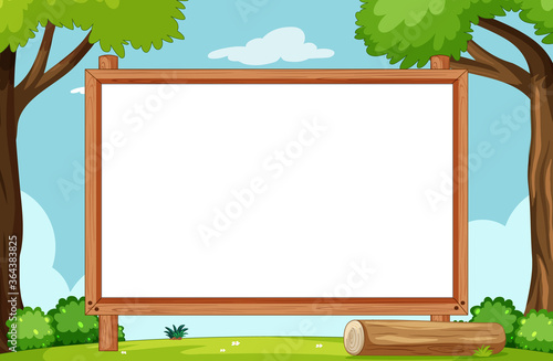 Blank wooden frame in nature park scene