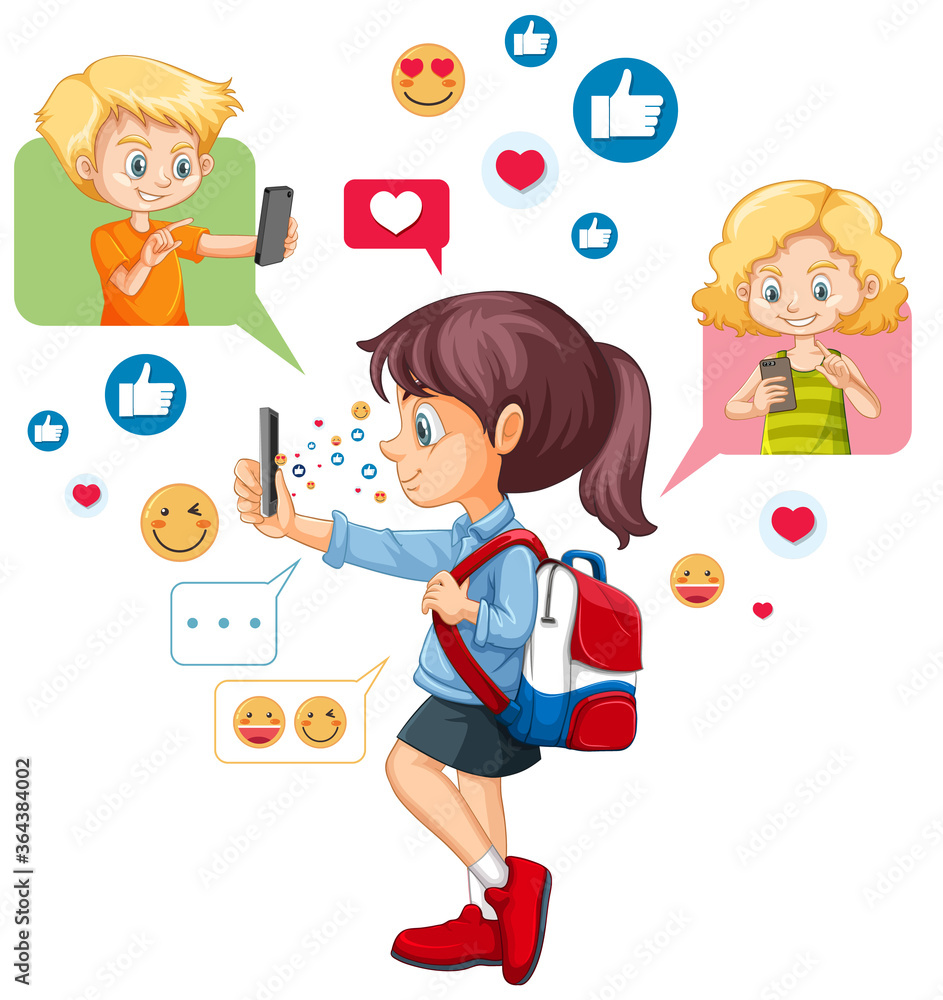 Girl using smart phone with social media icon theme isolated on white background Girl using smart phone with social media icon theme isolated on white background