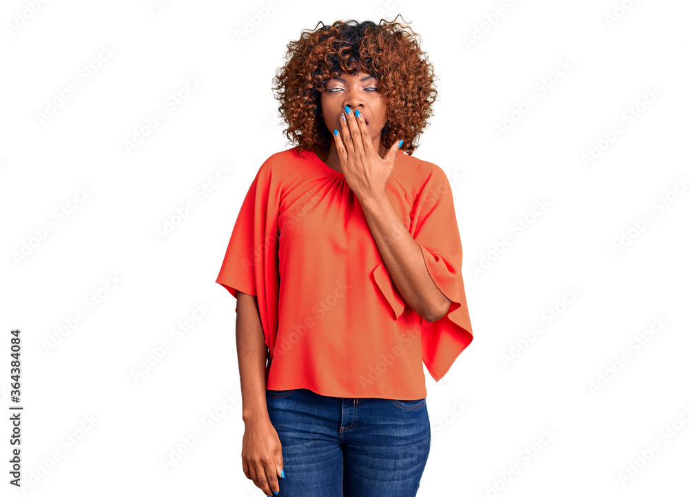 Young african american woman wearing casual clothes bored yawning tired covering mouth with hand. restless and sleepiness. Young african american woman wearing casual clothes bored yawning tired covering mouth with hand. restless and sleepiness.