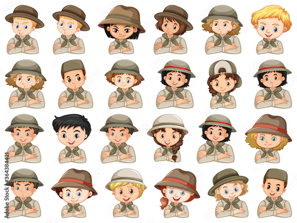 Set of different characters of boys and girls scout costume on a white background Set of different characters of boys and girls scout costume on a white background
