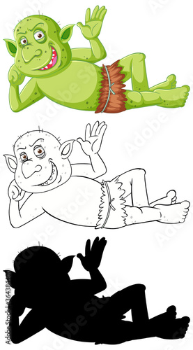 Goblin or troll in color and outline and silhouette in cartoon character on white background