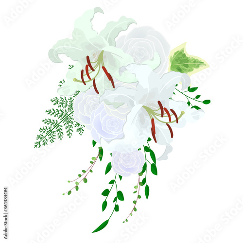 Illustration of Casablanca (lily) and rose wedding bouquet (boutonniere)