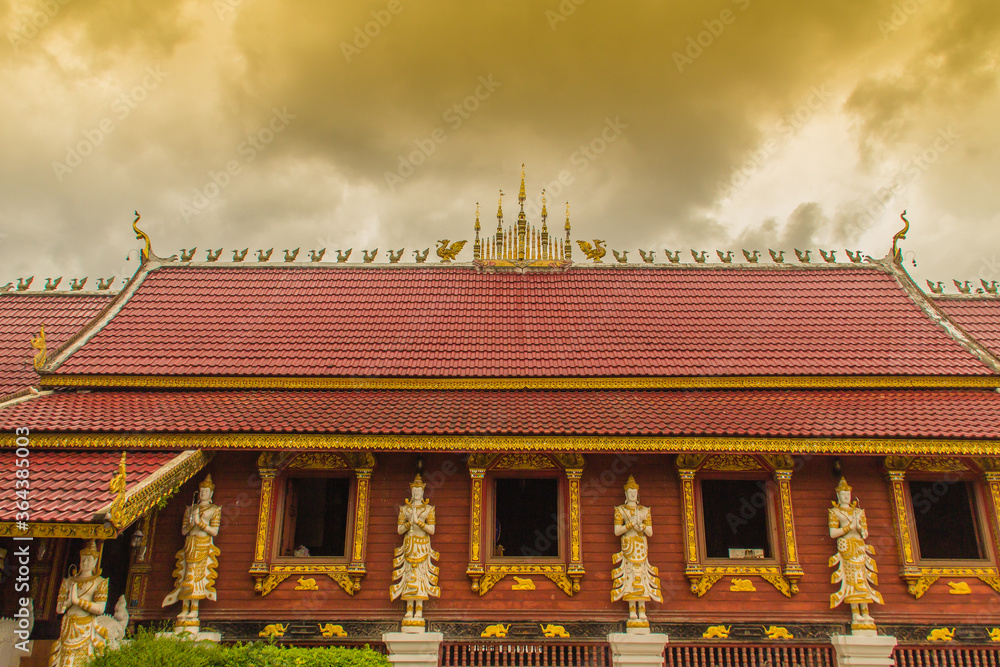 Beautiful art, religious places and religious objects in Myanmar mixed with Lanna style at Wat Ming Muang Buddhist temple, Chiang Rai, Thailand. Mixed Lanna and Burmese arts.