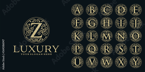 Set of initial letter luxury ornament monogram logo. decorative crown ring set . luxury silver initial alphabet logo template.