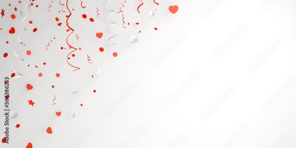 Confetti heart shape, star and ribbon on white, Happy Independence Day of Indonesia decoration background, greeting card, banner, template, flyer, copy space text, 3D illustration.