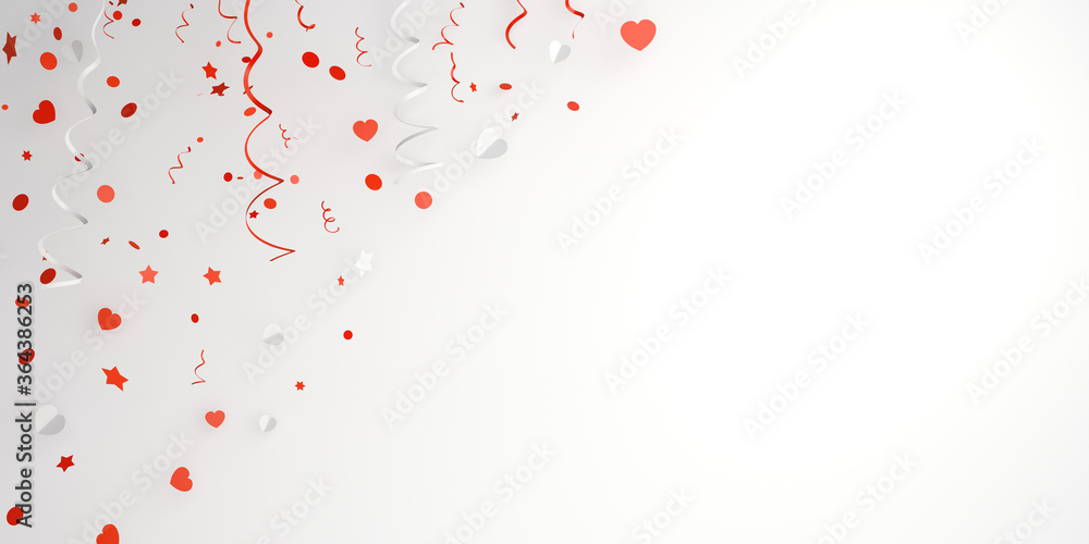 Confetti heart shape, star and ribbon on white, Happy Independence Day of Indonesia decoration background, greeting card, banner, template, flyer, copy space text, 3D illustration. Confetti heart shape, star and ribbon on white, Happy Independence Day of Indonesia decoration background, greeting card, banner, template, flyer, copy space text, 3D illustration.