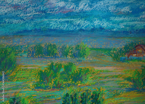 A landscape with a field, trees and clouds, made by pastel.