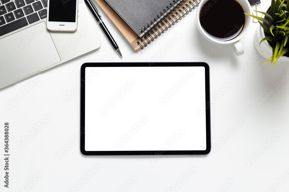 computer tablet empty screen withTop View office desk and office supplies with copy space computer tablet empty screen withTop View office desk and office supplies with copy space