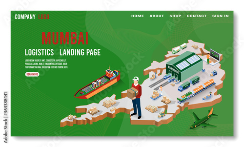 Modern isometric concept of Mumbai Logistics Landing page with Global Logistics, Warehouse, Sea Freight. 
Easy to edit and customize. Vector illustration