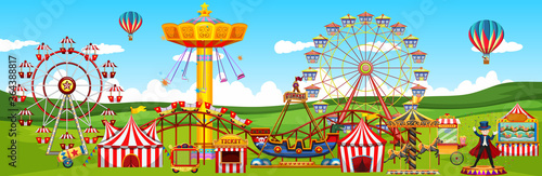 Theme amusement park landscape scene panorama view cartoon style