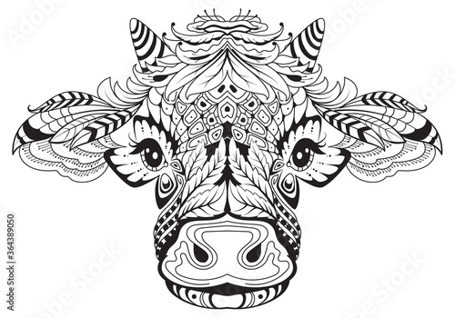 Cow head female symbol of 2021 tribal tattoo. Black white drawing from abstract pattern