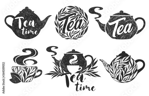 Tea hand drawn logo collection with black teapots, cups, leaves, branches and letterings isolated on white background. Natural organic design concept for label, emblem, packaging