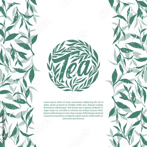 Tea hand written lettering logo with green tea leaves and branches isolated on white background. Natural organic design concept for label, emblem, packaging
