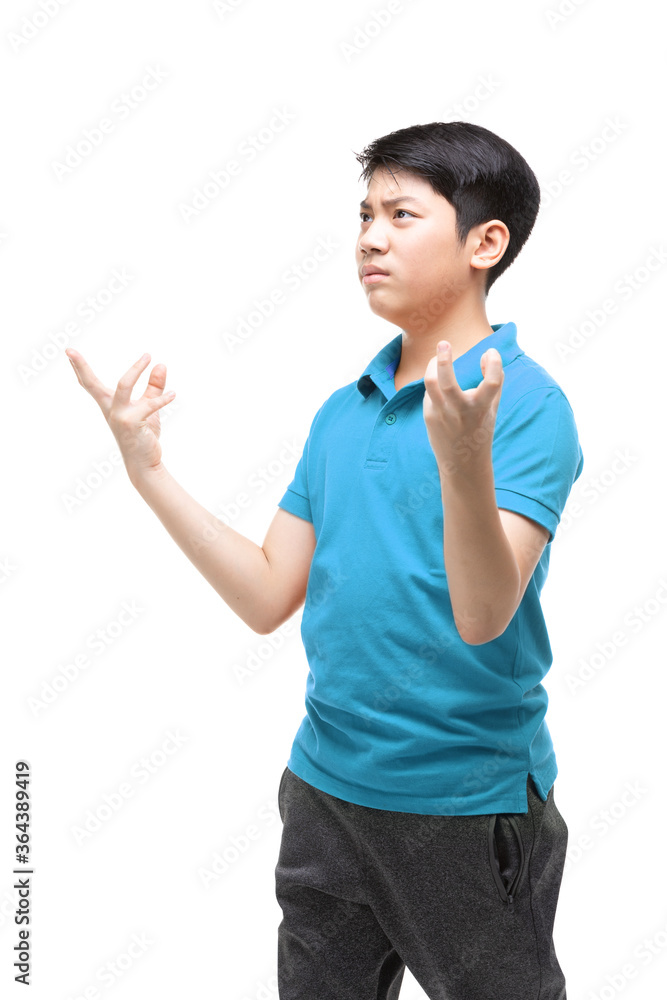 An Asian boy wearing a blue shirt is doing some gesture. An Asian boy wearing a blue shirt is doing some gesture.