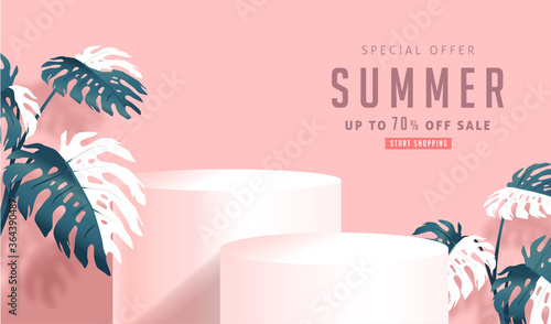 Summer sale design with product display cylindrical shape and monstera leaves decorating bright Color background.